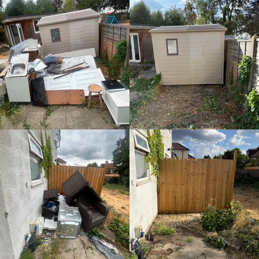 Before and after photographs showing garden and side-passage clearances completed by ScapeClear