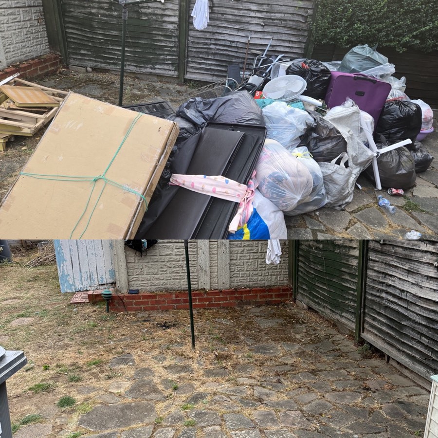 Before and after photographs showing garden waste removed by ScapeClear